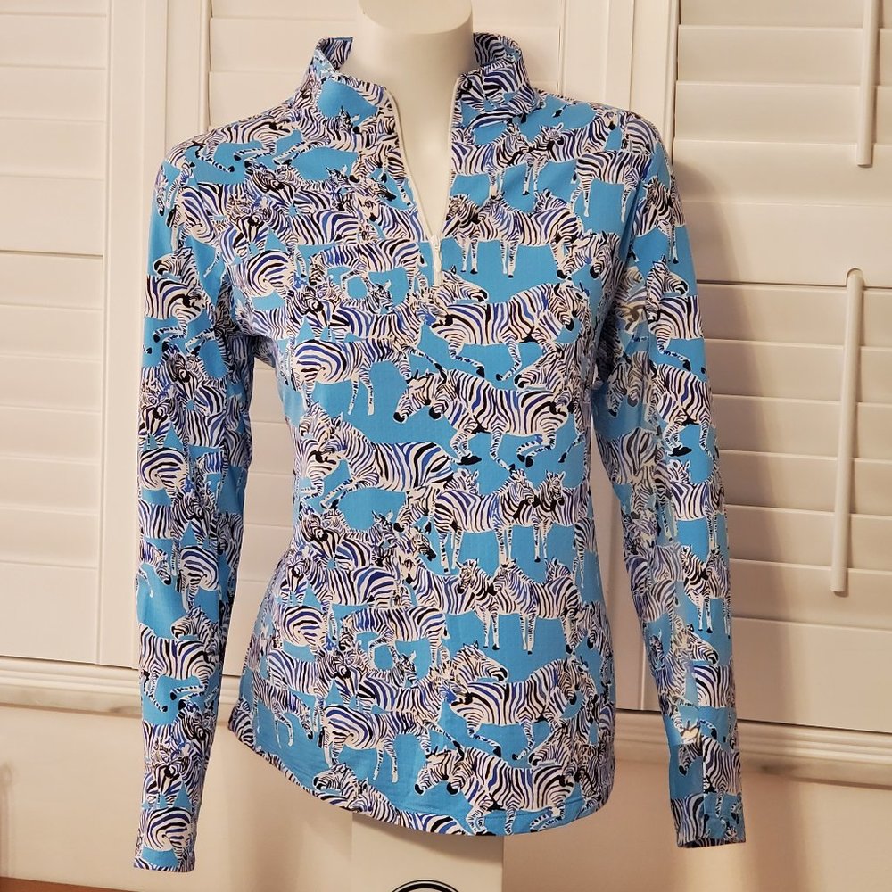 Ibkul sun protection long sleeve - Blue White and Black Zebra graphic. Size Med